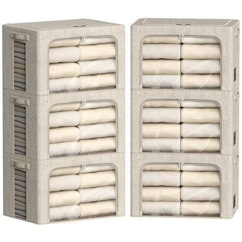 FHSQX 6 Pack Clothes Storage Bins with Metal Frame Foldable Storage Bins for Clothes Linen Fabric Storage Box with Clear Window (Beige, 15.7x11.8x7.8inch(22L)) - color: Beige, size: 15.7x11.8x7.8inch(22L)