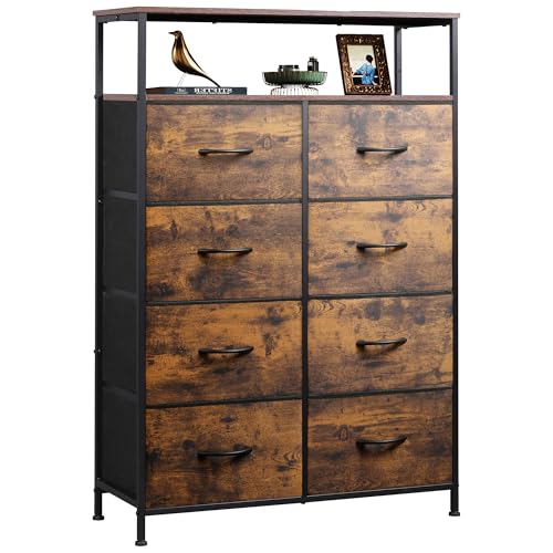 WLIVE Fabric Dresser for Bedroom with Open Shelves, Tall Dresser with 8 Drawers, Storage Tower with Fabric Bins, Chest of Drawers for Closet, Hallway, Rustic Brown Wood Grain Print - color: Rustic Brown Wood Grain Print, style: Raised Shelves