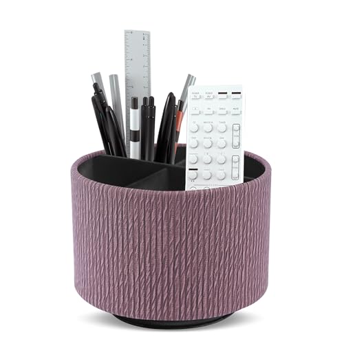 Round Leather Art Supply Organizer,Remote Control Holder,360 Degree Spinning,Multi-Functional Pencil Holder,4 Compartments Desktop Stationary Organizer(1-Wood Brown) - color: 1-Wood Brown