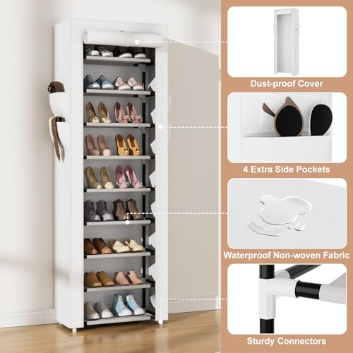 VILICK Shoe Rack with Cover Narrow Shoe Rack Organizer with 4 Side Pockets 10 Tier Tall Shoe Storage Shoe Shelf Holds 18-22 Pairs Shoes and Boots Shoe Rack for Closet, White - color: White, size: 10 Tiers-17.7" Wide