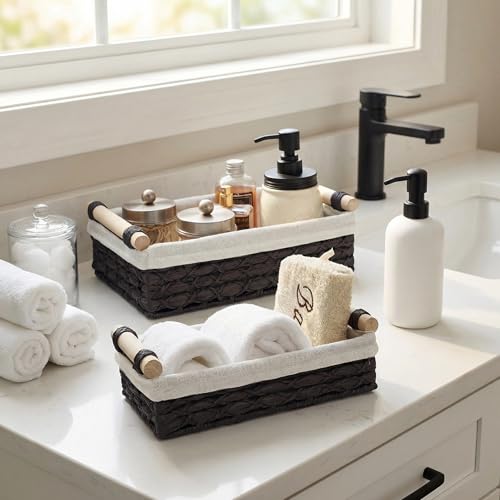 Set of 2 Black Bathroom Basket Organizers with Liner, Paper Rope Wicker Storage Baskets for Shelves, Bathroom Counter & Vanity, Wooden Handles for Towels & Toiletries - color: Black