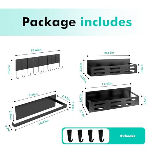 SETBAOO 4 Pack Magnetic Spice Rack for Refrigerator with 4-Hook Rack and Paper Towel Holder, Black Magnetic Shelf and Fridge Kitchen Cabinet Organizers Storage Seasoning Organization Mini Shelves. - size: 4 Pack Black-B
