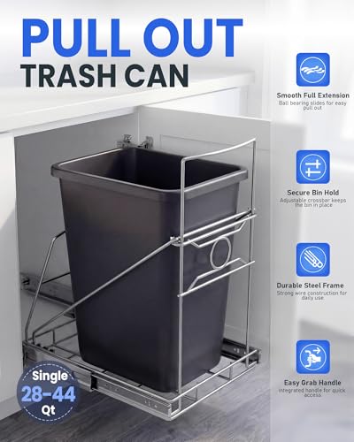 Pull Out Trash Can Under Cabinet Adjustable Trash Can Holder for 7 to 11 Gallon Bin Bottom Mount Slide Out Trash Rack for Narrow Cabinets(Silver, No Bin Included) - color: Silver