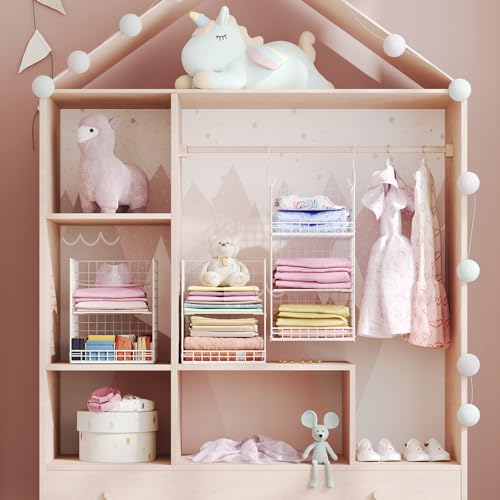 Yuyetuyo ﻿5 Tier Hanging Closet Organizer Separable Hanging Closet Shelves with 4 Hooks 2 Adjustable Dividers, Wire Storage Basket Bins for Clothing Sweaters Socks Dolls Handbags, Foldable - color: White, size: 5-Tier