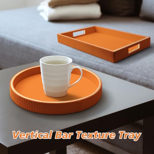 SANZIE Leather Tray Desktop Storage Organizer Premium Serving Tray Decorative Trays Valet Trays for Sundries Cosmetics Phone Wallet Cutlery (Orange Holder with Disc) - color: Orange Holder With Disc