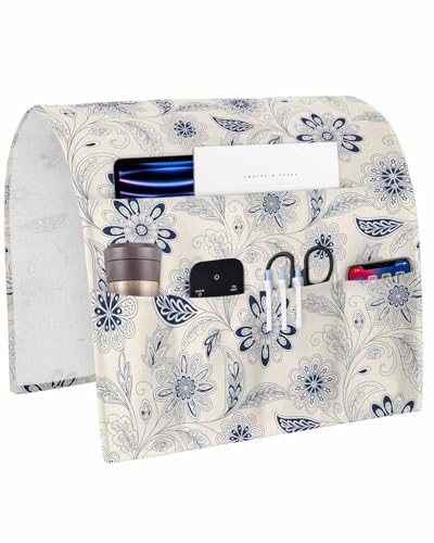 Sofa Armrest Organizer Bedside Caddy, Vintage Blue Floral Non Slip Couch Remote Control Holder for Recliner, Rustic Abstract Flower Burlap Arm Chair Caddy with Pocket for Magazine Phone, 19.7"x35" - color: Navy, size: 19.7x35 in
