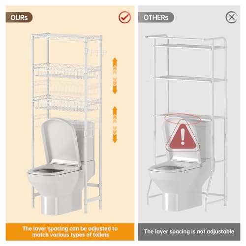 Golpart 3-Tier Over-The-Toilet Storage Shelf,Heavy-Duty Adjustable Bathroom Rack with 2 Mesh Baskets,Toilet Paper Holder & Hooks,Space-Saving Organizer for Bathroom,10”D x 24”W x 66”H,White - size: White with Baskets-10"D x 24"W x 66"H