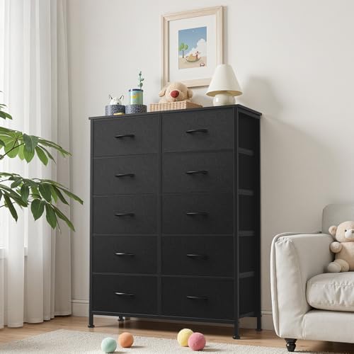 Sweetcrispy Black Dresser for Bedroom, 10 Drawer Tall Dresser, Fabric Storage Tower with Bins, Chest Organizer Unit for Bedroom Closet, Hallway, Steel Frame Wood Top, Easy Pull Handle - color: Black