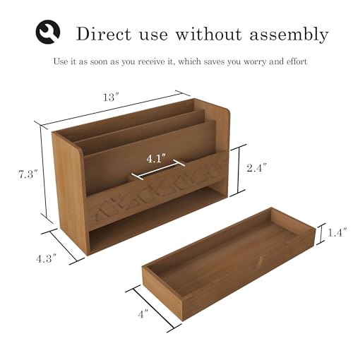 Bamboo Mail Organizer Countertop Desktop With Drawer - All-in-One Desk File Organizer for Office Supplies Storage With Pencil Holder (Walnut) - color: Walnut
