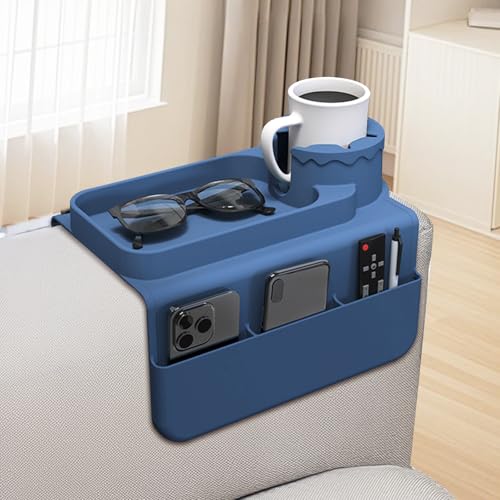 Couch Cup Holder Tray, Silicone Sofa Armrest organizer with Assesory Side Pockets for storage Remote, Cell-phone,Tablet or Snack, Anti-Spill and Anti-Slip Couch Drink Holder Caddy(Blue) - color: Blue
