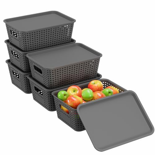 Resze 6-Pack Plastic Storage Bins with Lids, Stackable Organizer Baskets & Containers for Pantry, Kitchen, Cabinet, Closet, Bathroom Organization Toys, Space Saving, Easy-Carry Handles,Gray - color: Gray