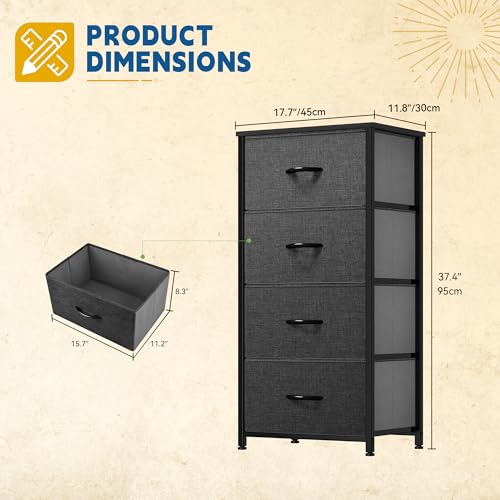 DWVO Storage Tower with 4 Drawers - Fabric Dresser, Organizer Unit for Bedroom, Living Room, Closets - Sturdy Steel Frame, Easy Pull Fabric Bins & Wooden Top - color: A - Cool Black Grey Fabric
