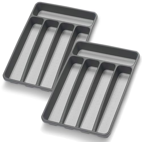 Loyareal Silverware Organizer 2 Pieces Utenisl Organizer Holder Kitchen Drawer Organizer Plastic Silverware Tray for Drawer Flatware Organizer 5 Compartment Black - color: Black, size: 5 Slots-2 Pack