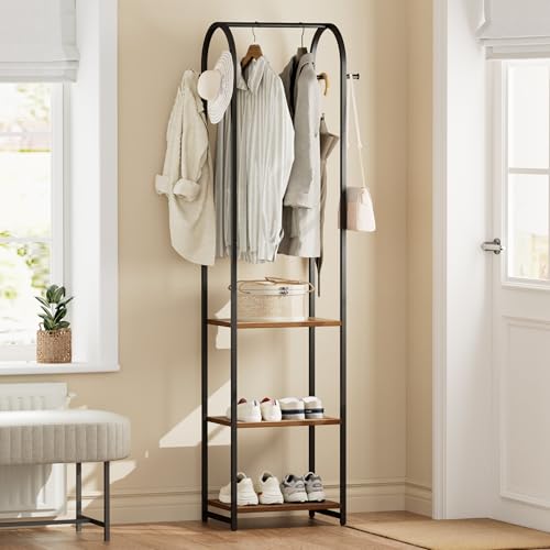 Garment Rack, Coat Rack With 3 Shelves and 4 Hooks, 71" H Clothes Stand For Hanging Clothes, Hanging Rod For for Bedroom, Hallway, Entryway, Office, Living Room, Rustic Brown and Black - color: Rustic Brown and Black, style: with Arched Top