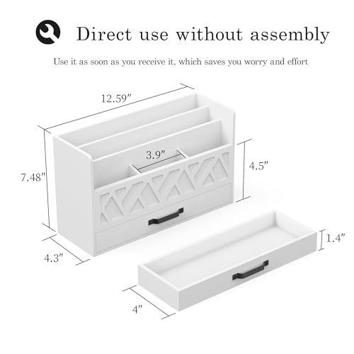 WISUCART Bamboo Mail Organizer Countertop Wood Desk Organizer Drawer Tabletop Storage Box Letter Sorter Makeup Organizer for School Home Office Supplies White - color: White