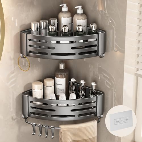 VOLPONE Corner Shower Caddy Adhesive Shower Shelf Corner No Drilling Bathroom Shower Organizer Storage Rack Rust-proof with Towel Bar (2-Pack, Gray) - style: Adhesive strip triangle with towel bar 2 Tier Gray