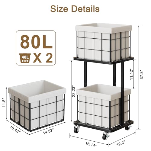 80L Vertical Rolling Laundry Hamper with Removable Bags, 2 Section Laundry Basket with Wheels, Slim Tall 2 Tier Laundry Sorter for Small Spaces, Dorm, Bathroom, Laundry Room, Closet, White - color: White, size: 2 Tier