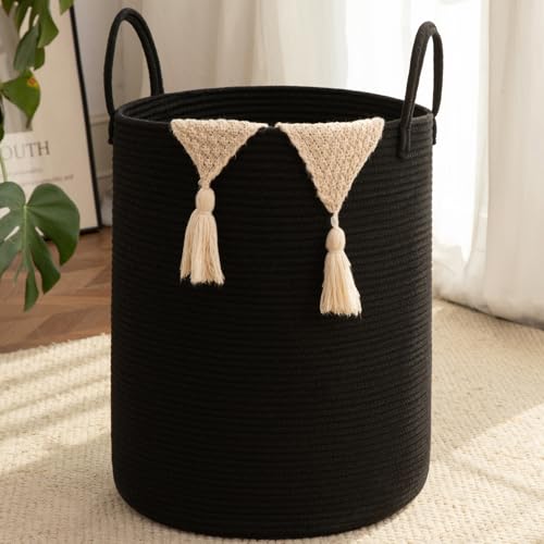OIAHOMY Large Laundry Basket Hamper - 60L Cotton Rope Woven Basket for Blankets, Toys, Clothes - Tall Decorative Nursery Hamper with Long Handles, Black - color: Black, size: 60L