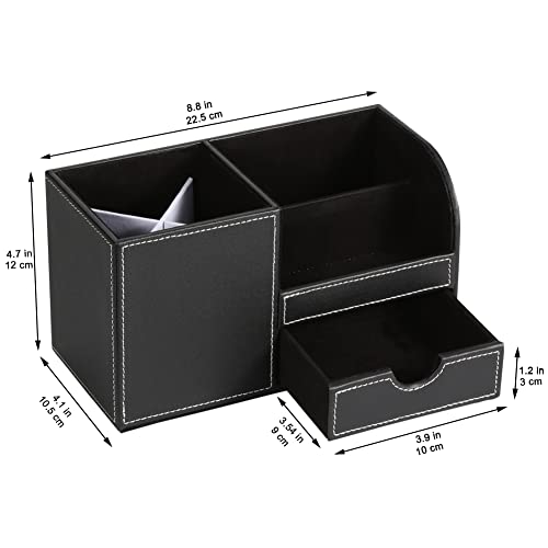 KINGFOM Desk Organizer Office Supplies Caddy Pu Leather Multi-function Storage Box Pen/Pencil,Cell phone, Business Name Cards Remote Control Holder with Small Drawer Black - color: Black