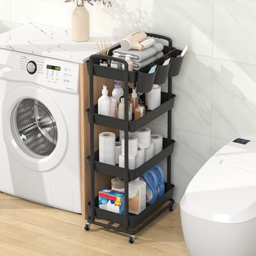 JIUYOTREE 4-Tier Plastic Rolling Storage Cart Utility Cart with Extra Hanging Cups Handles Lockable Wheels for Living Room Bathroom Kitchen Office Black - color: Black, size: 4-Tier