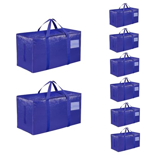 8 Pack-Extra Large Heavy Duty Moving Bags - Waterproof Storage Totes with Handles & Zippers, Foldable for College Dorm, Storage (Blue) - color: Blue, size: 8