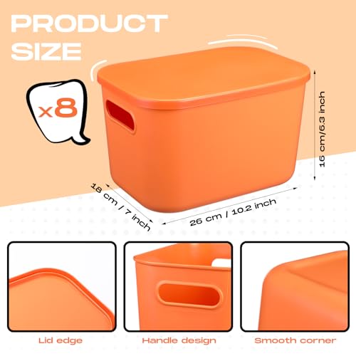 Hoolerry 8 Pieces Colorful Storage Bins with Lid, Plastic Storage Basket Organizing Container Stackable Box with Handle for Shelves Desktop Playroom Office(10.2 x 7 x 6.3 Inch,Orange) - color: Orange, size: 10.2 x 7 x 6.3 Inch