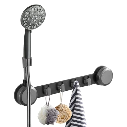 No Drill Shower Caddy with Adjustable Shower Head Holder, 20 LBS Rustproof Wall Mounted Shower Organizer with 4 Hooks, Waterproof Adhesive Bathroom Storage Rack, Space Saving, Gunmetal Gray - color: Gunmetal Gray