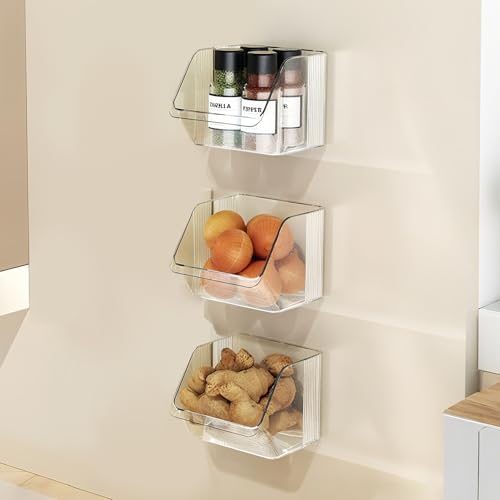 3 Pack Clear Plastic Wall Mount Storage Bins, Kitchen Pantry Cabinet Organizer Containers,Storage Caddy No Drilling Hang Walls/Doors for Kitchen, Bathroom, Bedroom, Office