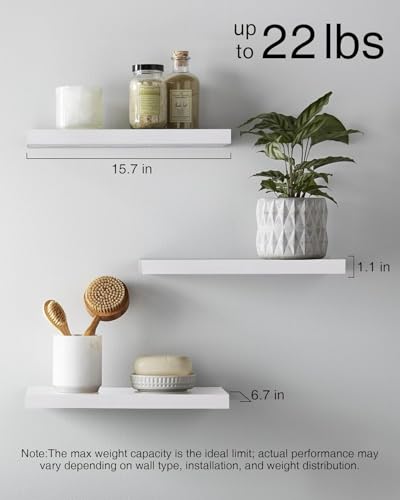 BAYKA White Floating Shelves for Wall Set of 3, Rustic Wood Wall Shelves with Metal Brackets for Bathroom, Bedroom, Kitchen, or Living Room Decor Organization, Sturdy Storage with 22lb Capacity - color: C. White - Modern Minimalist Style, size: 15.7inches