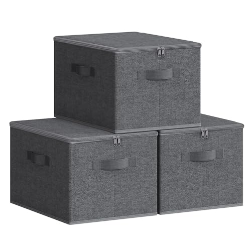 SONGMICS Foldable Storage Organizer Boxes, Set of 3 Storage Basket Bins with Lids, Handles, Clothes Organizer, 15.7 x 11.8 x 9.8 Inches, Non-Woven Fabric, Slate Gray URYZB03G - color: Slate Gray, size: 3 Pack (15.7''L x 11.8''W x 9.8''H)