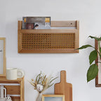 FRIADE Wall Magazine Rack with PE Rattan Grid,Size 17.3" x 4" x 9.4",File Holder For Entryway,Living Room,Waiting Room,Kids’ room,Office(Retro Brown)