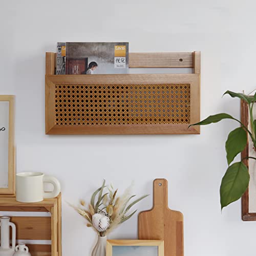 FRIADE Wall Magazine Rack with PE Rattan Grid,Size 17.3" x 4" x 9.4",File Holder For Entryway,Living Room,Waiting Room,Kids’ room,Office(Retro Brown)