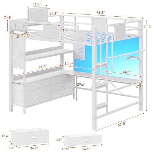 Dnxao Full Size Loft Bed with Desk and 5 Storage Drawers, Heavy Duty Metal Loft Bed with Charging Station, LED Lights & Pegboard, Space-Saving Workstation for Teens & Adults, White | Clothes Rack - color: White, size: Full loft bed with 5 drawer