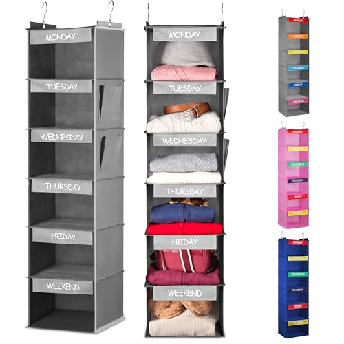 Handy Laundry Hanging Clothes Organizer for Kids - 6-Shelf Closet Daily Clothing Organization Labeled Shelves with Days of The Week Monday Through Friday, Weekday and Weekend (Grey) - color: Grey
