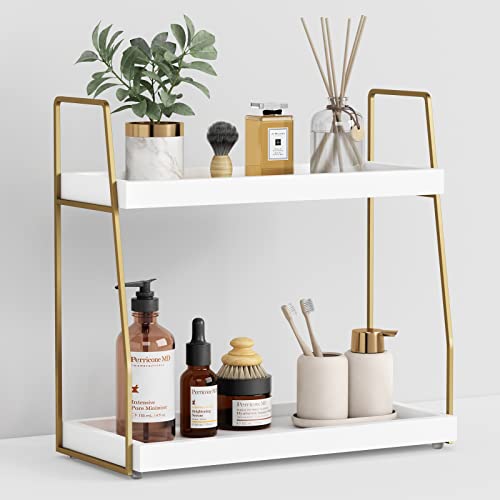 Forbena Bathroom Organizer Countertop, Counter Organizer for Bathroom Decor, Wooden Sink Shelf for Vanity Storage, Makeup Tray for Perfume Skincare Bedroom Kitchen Corner (2 Tier, White and Gold) - color: White-gold