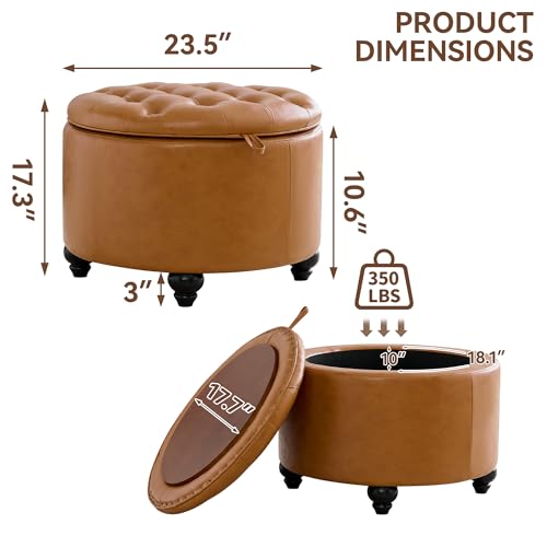 WUTUTUEE 24Inch Round Storage Ottoman with Tray, Modern Tufted Leather Circle Coffee Table with Storage, Upholstered Ottoman with Removable Top for Living Room, Bedroom, Leather Brown - color: Leather Brown, size: 24 Inch