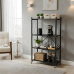4 Tier Foldable Storage Shelf with Wheels, Collapsible Metal Rack Shelving Unit, No Assembly Required, Rolling Cart Shelf Rack Organizer for Books, Garage, Kitchen, Closet, Pantry, Exhibition, Black - size: 4-Tier