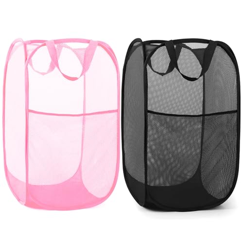 Durable Collapsible Laundry Baskets - Reinforced Mesh Pop Up Laundry Hamper with Pocket, Foldable Dirty Clothes Hamper with Carry Handles for Laundry, Bathroom, Kids Room, Dorm or Travel Pink+Black - color: Pink+Black, size: Pop Vertical