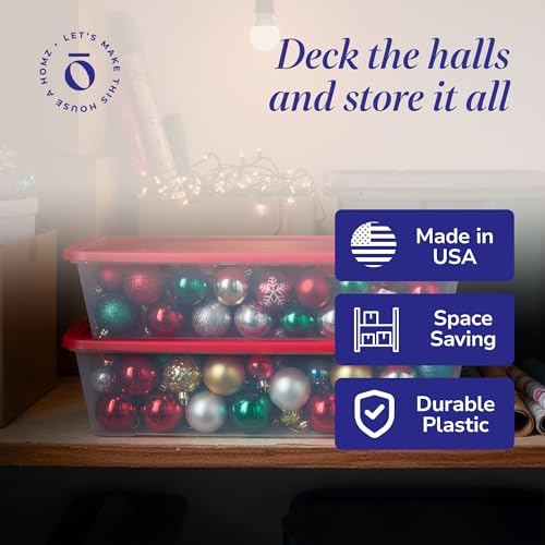 HOMZ 2-Pack Holiday Tote, Clear Plastic Storage Organizer Bins with Lids, 41 Quart, Red - Stackable Organizing Containers for Christmas Ornament Decorations, Gift Wraps, and Crafts - size: 2 Pack