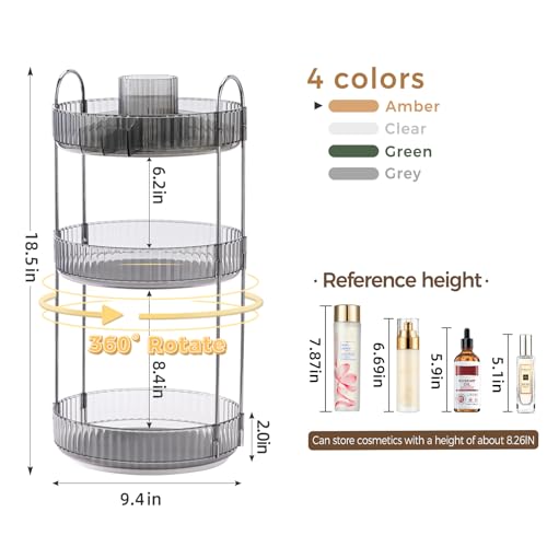 360° Rotating Makeup Organizer, Upgraded 3 Tier Skincare Perfume Organizers for Women, Bathroom Organizer Countertop, Clear Cosmetic Dresser Organizer with Makeup Brush Holder, Sink&Counter(Grey) - color: Grey, size: 3 Tier