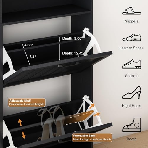 Shoe Storage Cabinet with 4 Flip Drawers, Farmhouse Modern Hidden Shoes Rack Cabinet with Adjustable Shelves & Open Storage, Narrow Slim Shoe Organizer for Front Door Entrance, Entryway, Hallway,Black - color: Black, size: 4-Drawers