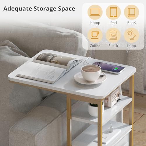 C Shaped End Table with Charging Station, 28"(H) 3-Tier C Table with Storage Bag, Under Couch Table C-Shaped End Table with Storage Shelves and Bag for Living Room, Bedroom, or Office - color: Gold, size: Wood--with Socket