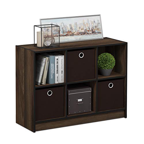 Furinno BASIC Book Shelf, 6-Cube Bookshelf with Open Shelf, 3 x 2 Bookcase with Storage Bins, Closed Back, Horizontal, 11.9 x 31.6 x 23.6, for Living Room, Bedroom, Home Office, Columbia Walnut - color: Columbia Walnut/Dark Brown, size: 6-Cube with Bin