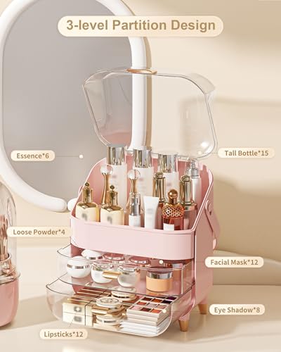 Anylady Makeup Organizer Countertop, Skincare Holder Bathroom Counter Organizer, Storage Box Cosmetic Display Cases, Teen Girl Gifts Make up Organizers for Vanity, Dresser - color: Pink