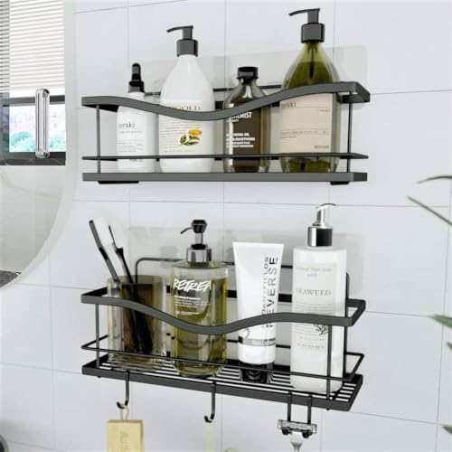 KINCMAX Premium Shower Caddy, Self Adhesive Shower Organizer w/ 4 Hooks, No Drill Shelves for Inside Shower, Rustproof Stainless Steel Shower Rack for Bathroom, Matte Black - color: Matte Black, size: 2-Pack Caddies