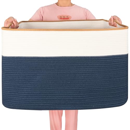MINTWOOD Design 112L Extra Large Blanket Basket Holder Living Room, 25"x17"x16" Rectangle Rope Woven Storage Basket with Handles for Laundry, Towels, Shoes, Dog Toy Organizer Bin Box, Prussian Blue - color: Prussian Blue
