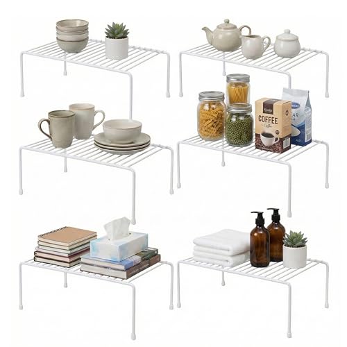 Evelots Kitchen Cabinet Wire Shelf Organizer/Rack - 6 Pack Sturdy Metal Shelf Risers - Double Your Counter Space - Great for Kitchen, Freezer, Pantry and Bathroom - Rustproof - White - color: White - Regular, size: Set of 6