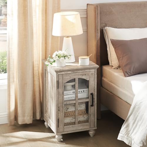 Narrow Side Table Set of 2,Farmhouse Nightstand with Charging Station,End Table with Glass Barn Door Storage, Cabinet Organizer with Adjustable Shelf, Night Stand for Small Spaces Living Room Bedroom - color: Grey, size: Set 2