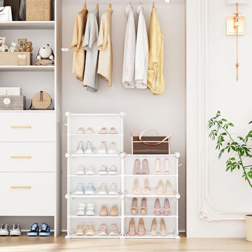 Shoe Rack 10 Tier Shoe Storage Cabinet with Door 20 Pair Tall Shoes Rack Organizer Free Standing Expandable Stable Plastic Easy Assembly Shoes Shelf for Closet Hallway Entryway Bedroom White - size: 16" Wide-20 Pairs