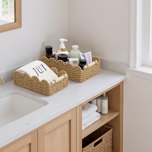 StorageWorks Toilet Paper Storage Basket, Living Room Organizers and Storage, Toilet Paper Basket with Wooden Handles, Small Paper Rope Scalloped Basket, Brown - color: Paper Rope(Brown), size: 11¾" L × 7¾" W × 4" H